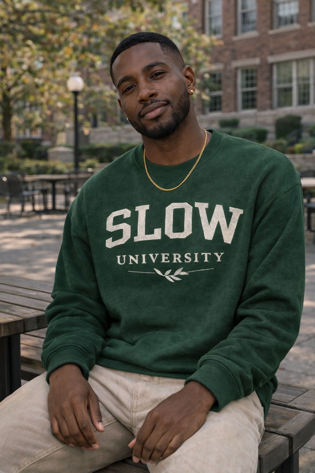 The Slow University Classic Forest Green Collegiate Crewneck